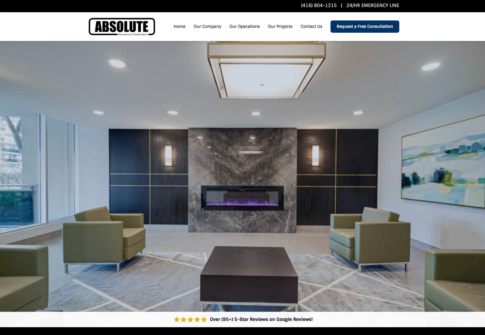 Modern office lobby with marble fireplace, green armchairs, and contemporary decor