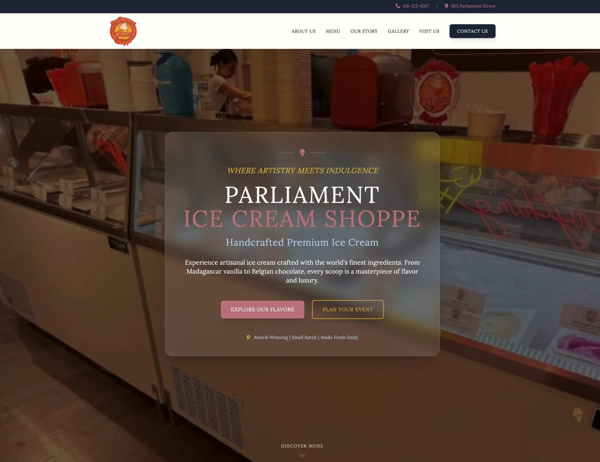 Interior of Parliament Ice Cream Shoppe displaying premium ice cream counter with colorful product display cases and branding