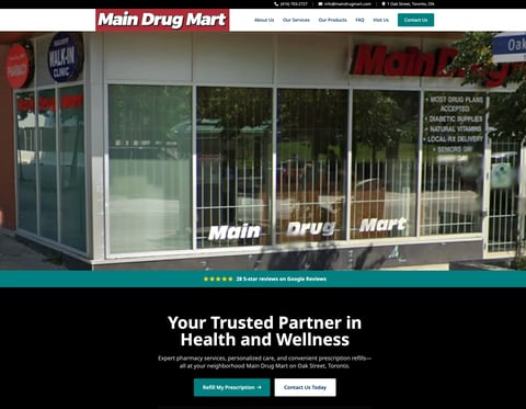 Main Drug Mart storefront with large windows and signage, tagline Your Trusted Partner in Health and Wellness displayed below