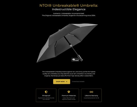 NTO Unbreakable Umbrella in black against dark background with product tagline and feature details below
