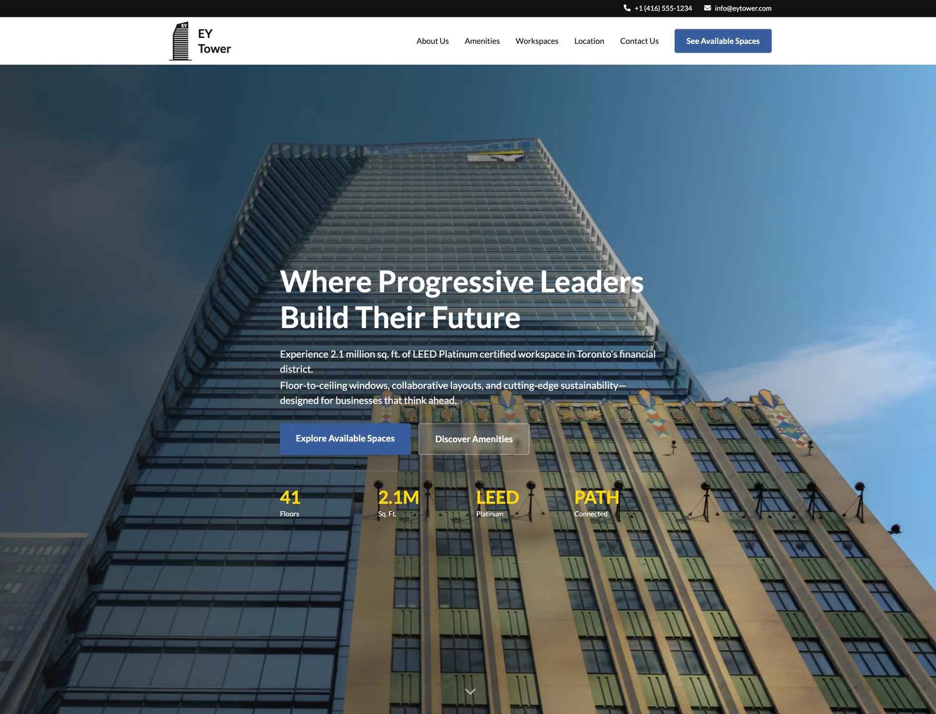 Website homepage showing tall office buildings against blue sky with text Where Progressive Leaders Build Their Future and statistics displayed