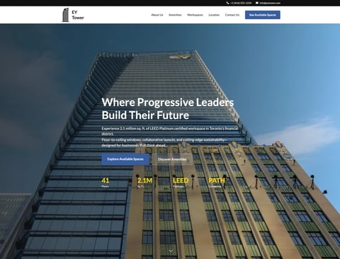 Website homepage showing tall office buildings against blue sky with text Where Progressive Leaders Build Their Future and statistics displayed