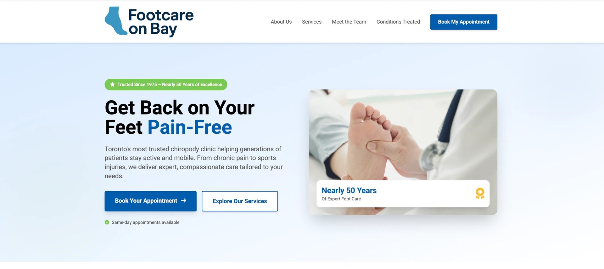 Footcare on Bay website header showing foot pain relief services with a medical professional examining a patients foot
