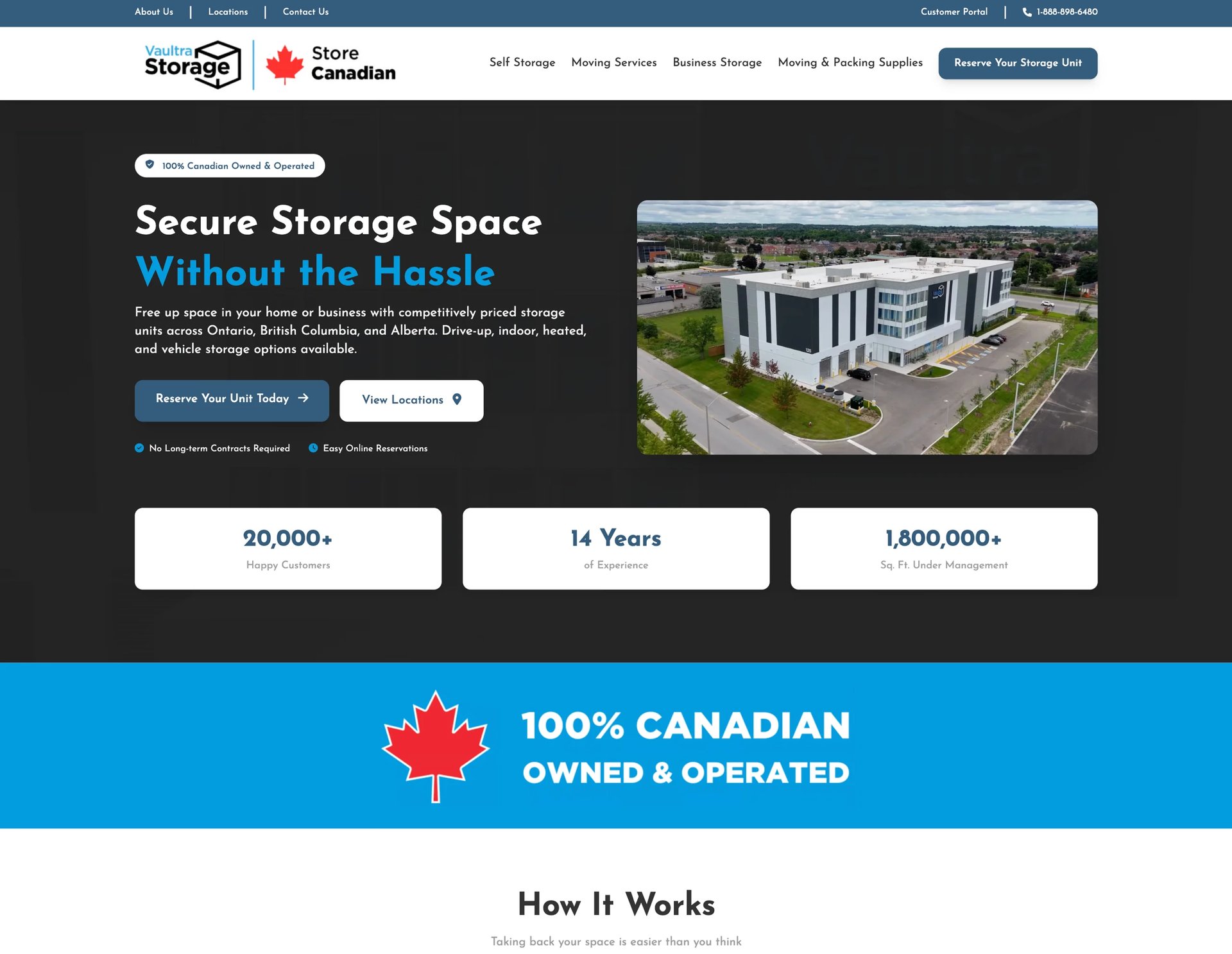 Storage Canada website homepage featuring secure storage facility with 100% Canadian Owned & Operated banner and company statistics