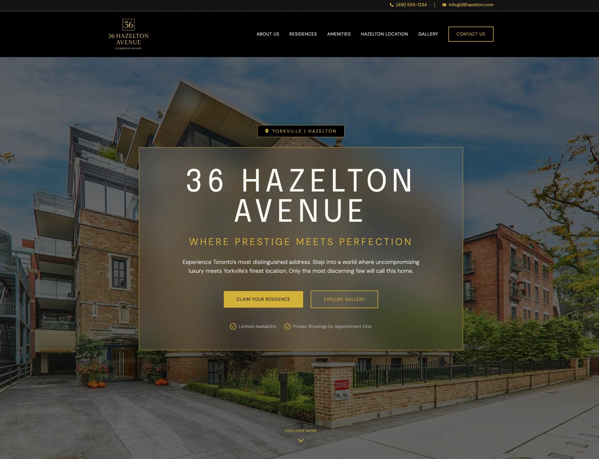 Modern residential building at 36 Hazelton Avenue with architectural overlay text and navigation menu