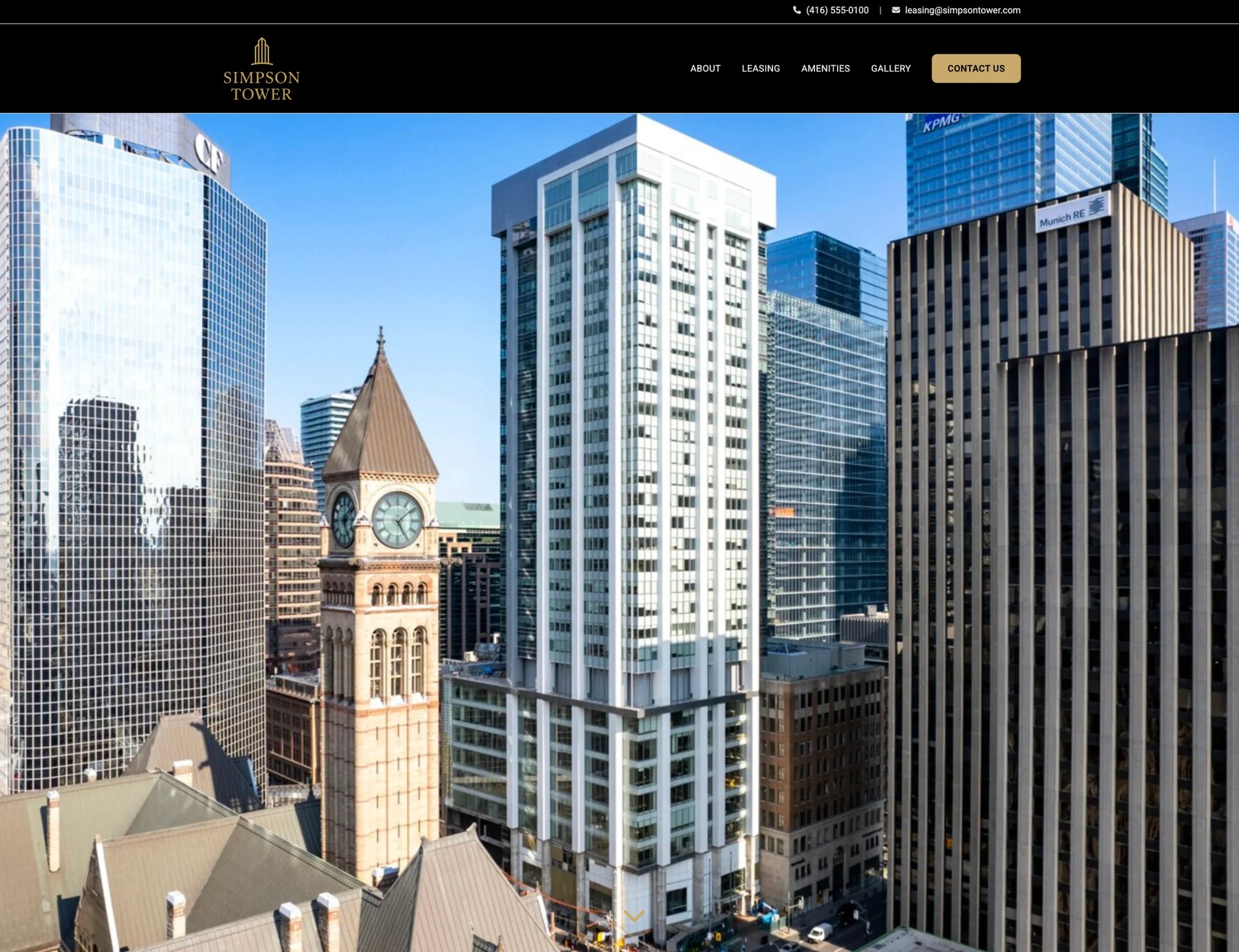 Downtown Toronto skyline featuring historic clock tower, modern high-rise buildings, and clear blue sky