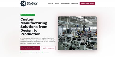 CASSCO Machines website header showing custom manufacturing solutions with industrial factory floor equipment and machinery