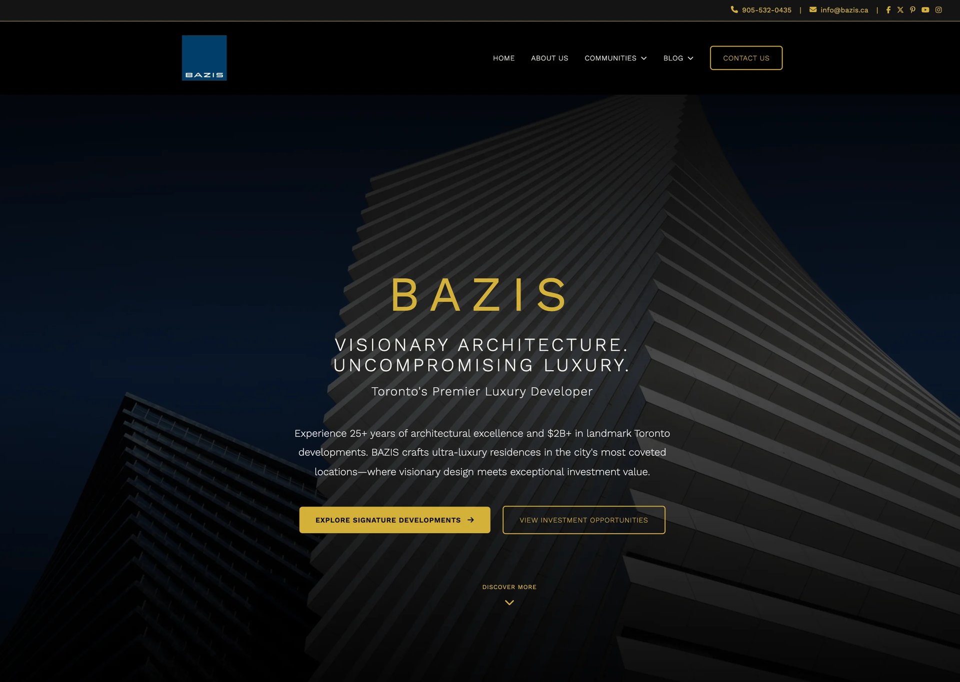 Bazis website homepage featuring modern architecture with diagonal striped building facade and gold text overlay