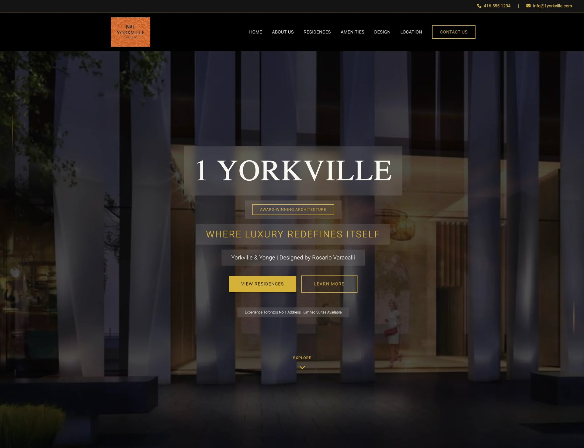 1 Yorkville luxury residential building facade at dusk with illuminated columns and tagline Where Luxury Redefines Itself