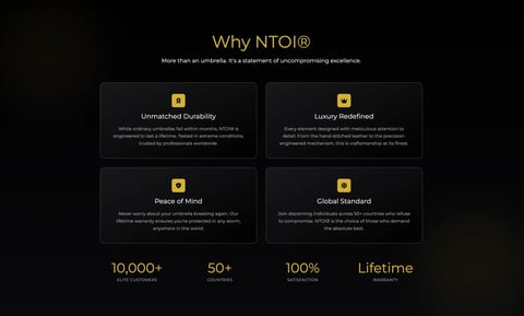 NTOI benefits infographic showing unmatched quality, luxury redefined, peace of mind, and color standard with 10000+ customers, 50+ locations, 100% satisfaction, and lifetime warranty