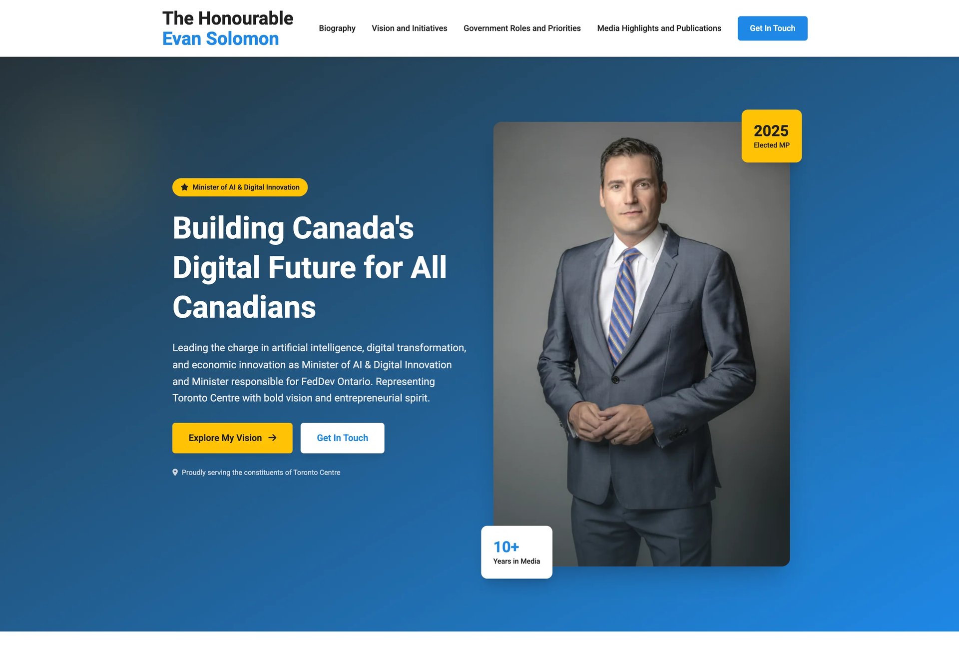 Professional headshot of Evan Solomon in business suit with tie, featured on a blue webpage about building Canadas digital future
