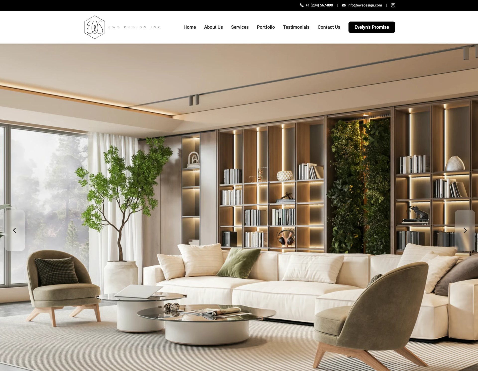 Modern luxury living room with cream sectional sofa, green accent chairs, wooden shelving, and indoor plants