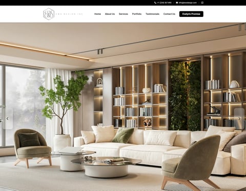 Modern luxury living room with cream sectional sofa, green accent chairs, wooden shelving, and indoor plants