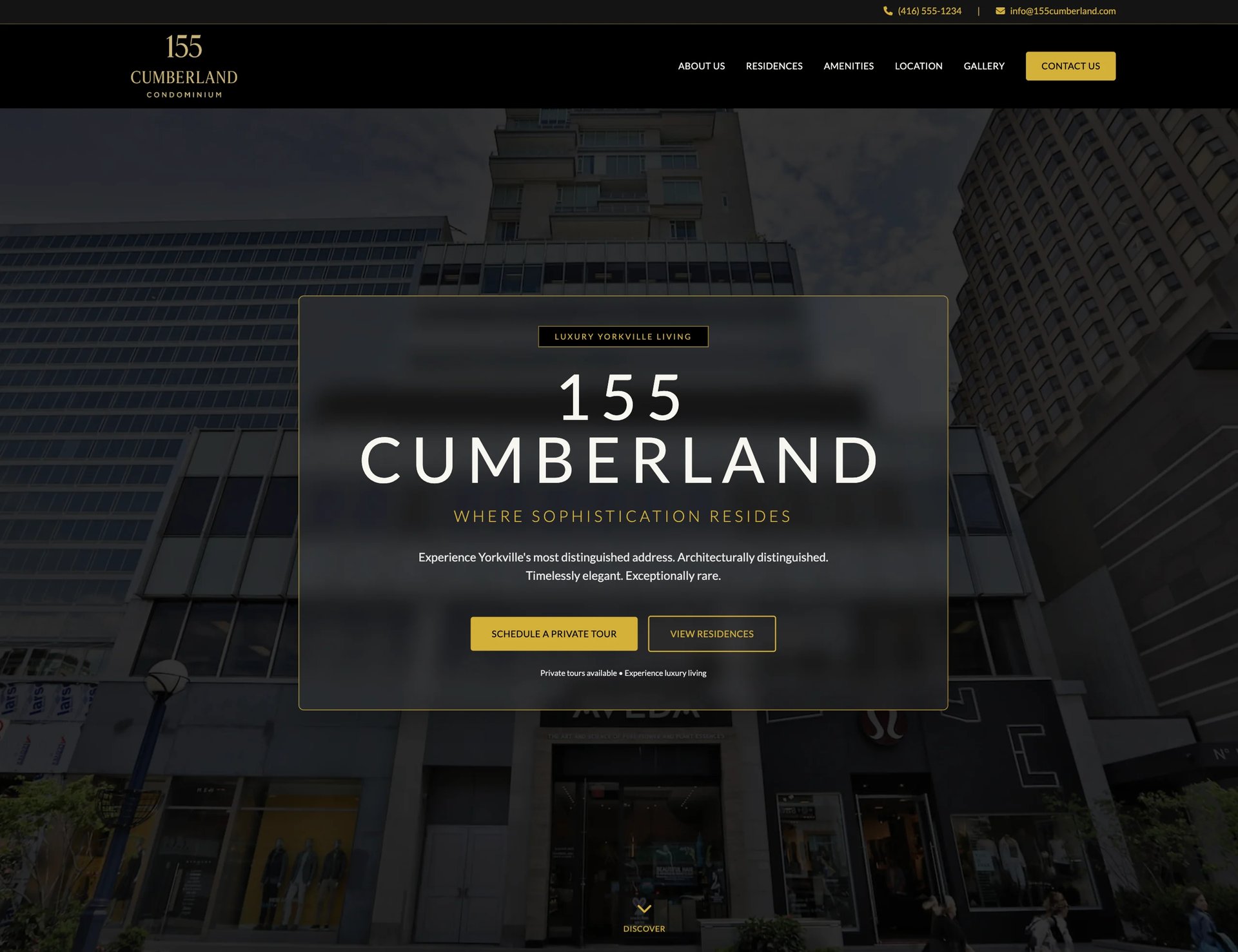 155 Cumberland luxury residential building website homepage with modern high-rise architecture and call-to-action button