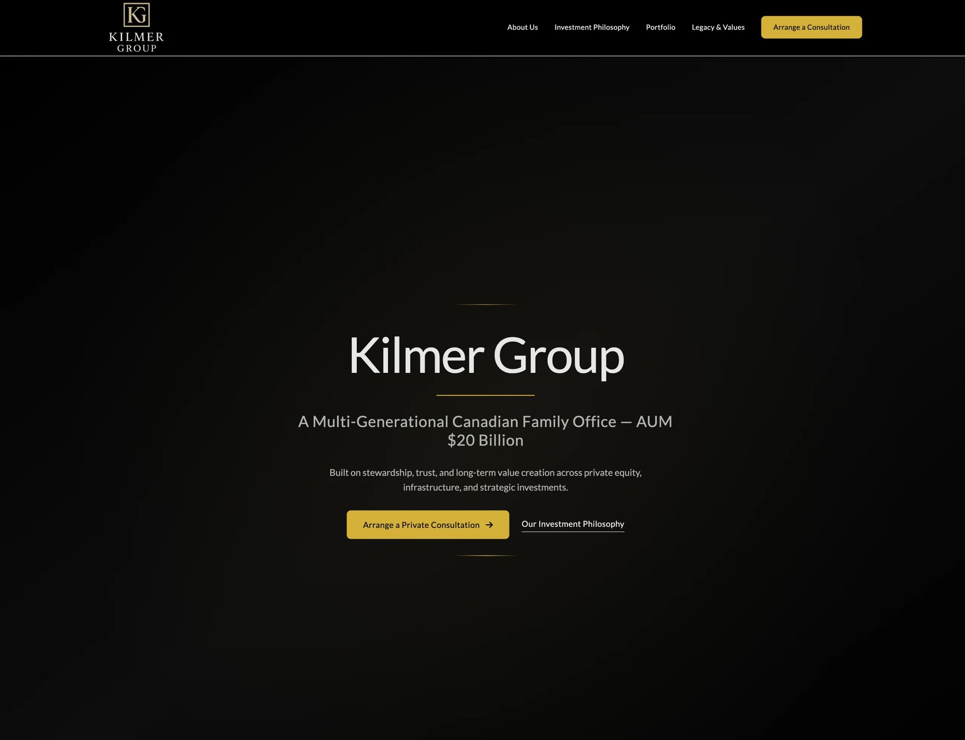 Kilmer Group website homepage featuring dark background with company name, tagline about multi-generational Canadian family office with $20 billion AUM, and yellow call-to-action buttons