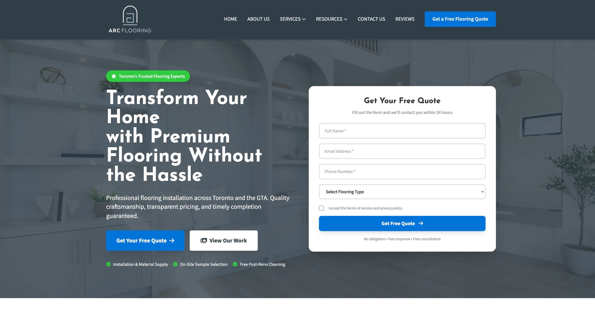 Website homepage showing flooring service offer with Transform Your Home headline and Get Free Quote popup form